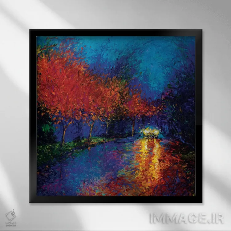 تابلو غرق در نور چراغ خودرو اثر آیریس اسکات - نمای قابدار مشکی