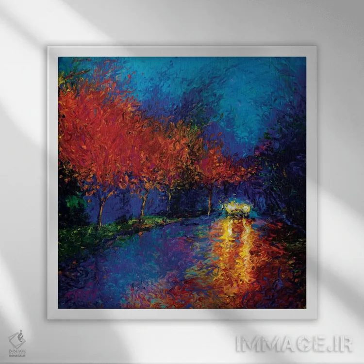 تابلو غرق در نور چراغ خودرو اثر آیریس اسکات - نمای قابدار سفید