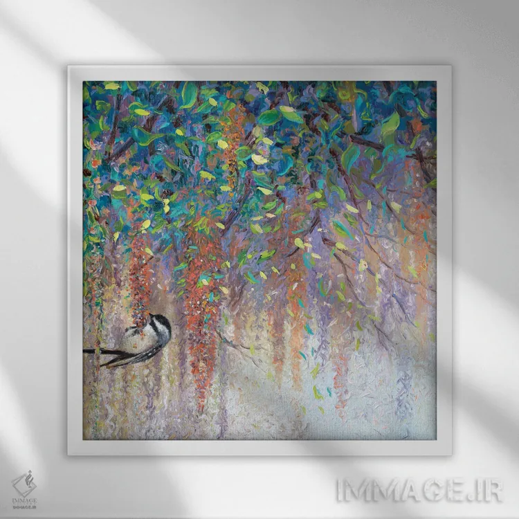 تابلو چیکادی (نوعی پرنده) اثر آیریس اسکات - نمای قابدار سفید