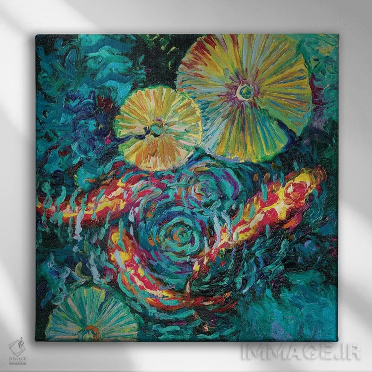 تابلو ماهیها در میان گلهای آفتابگردان اثر آیریس اسکات - نمای روبهرو روی دیوار