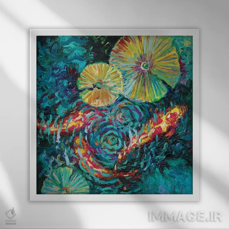 تابلو ماهیها در میان گلهای آفتابگردان اثر آیریس اسکات - نمای قابدار سفید