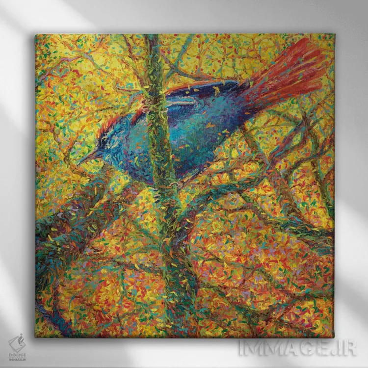 تابلو پرنده آبی زرد اثر آیریس اسکات - نمای روبهرو روی دیوار