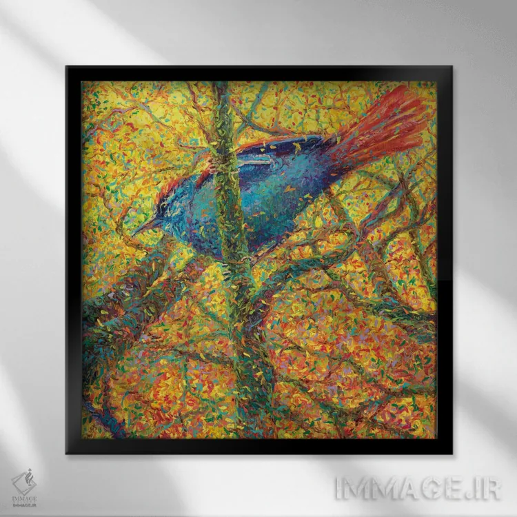 تابلو پرنده آبی زرد اثر آیریس اسکات - نمای قابدار مشکی