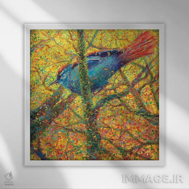 تابلو پرنده آبی زرد اثر آیریس اسکات - نمای قابدار سفید