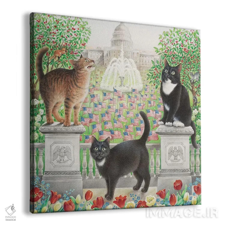 تابلو روز پرچم با شترمرغ امو، گبی و پاف (نام حیوانات) اثر آیوری کتس (برند هنری نقاشی گربه) - نمای پرسپکتیو محصول