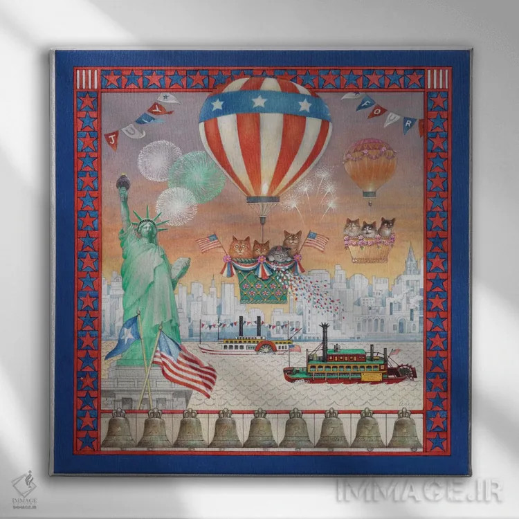 تابلو چهارم ژوئیه با گربههای لزلی (روز استقلال آمریکا) اثر آیوری کتس (برند هنری نقاشی گربه) - نمای روبهرو روی دیوار