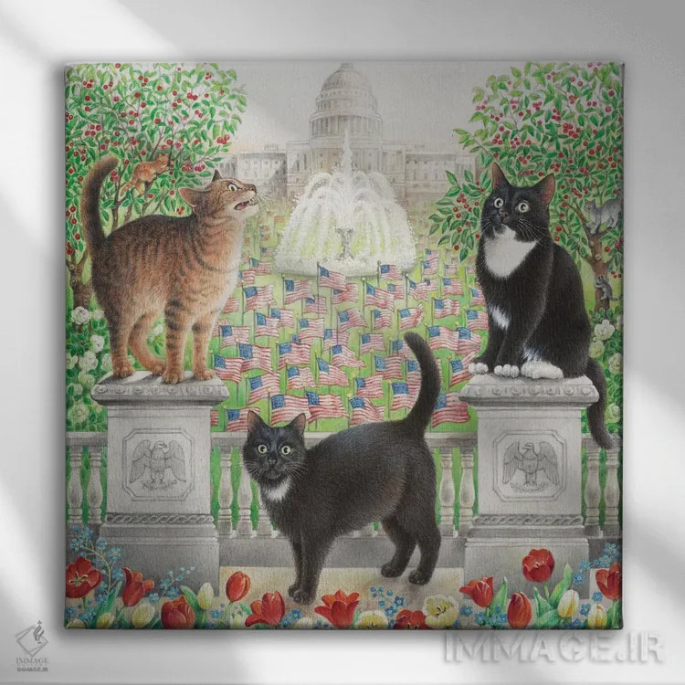 تابلو روز پرچم با شترمرغ امو، گبی و پاف (نام حیوانات) اثر آیوری کتس (برند هنری نقاشی گربه) - نمای روبهرو روی دیوار