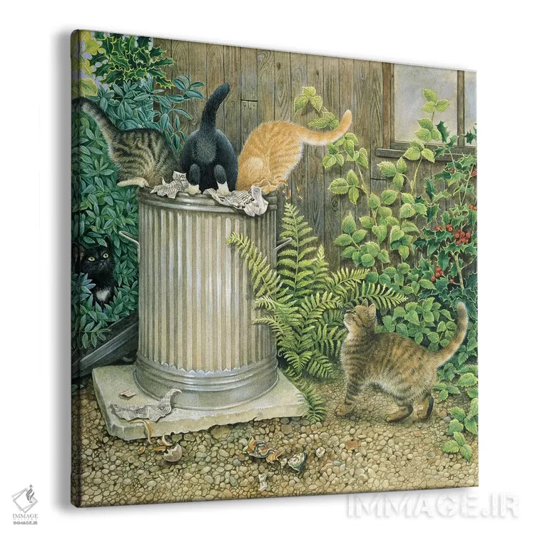 تابلو کار گروهی در سطل زبالهٔ همسایه اثر آیوری کتس (برند هنری نقاشی گربه) - نمای پرسپکتیو محصول