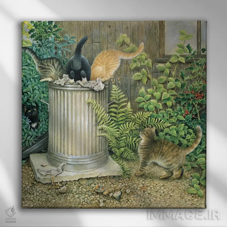 تابلو کار گروهی در سطل زبالهٔ همسایه اثر آیوری کتس (برند هنری نقاشی گربه) - نمای روبهرو روی دیوار