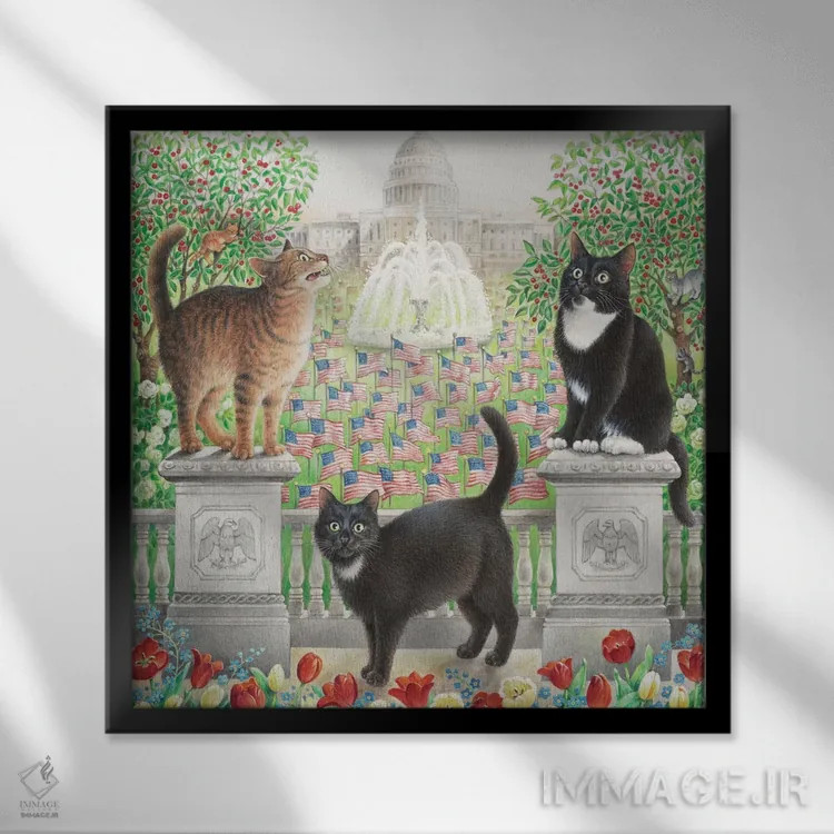 تابلو روز پرچم با شترمرغ امو، گبی و پاف (نام حیوانات) اثر آیوری کتس (برند هنری نقاشی گربه) - نمای قابدار مشکی