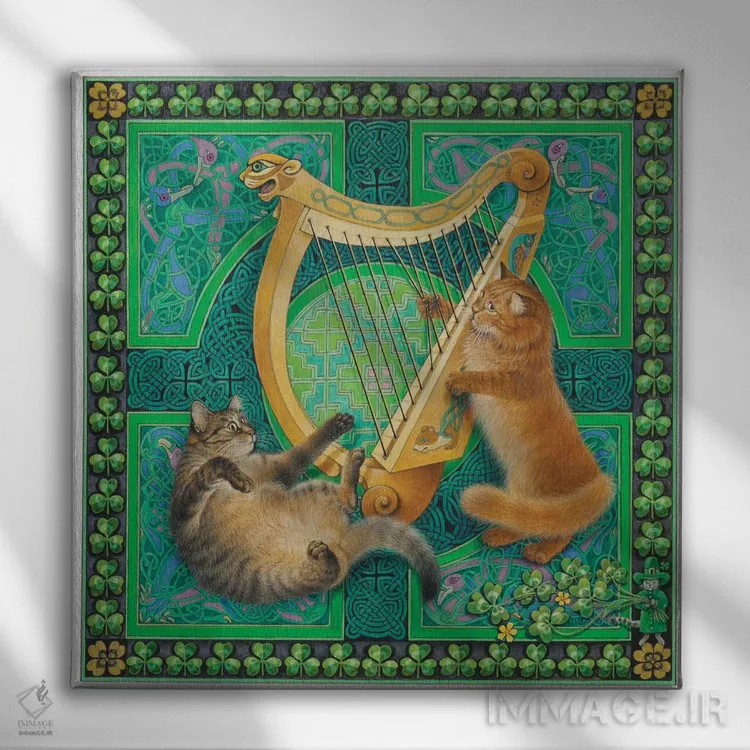 تابلو روز سنت پاتریک با دندلیون و کریستی اثر آیوری کتس (برند هنری نقاشی گربه) - نمای روبهرو روی دیوار