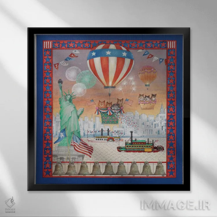 تابلو چهارم ژوئیه با گربههای لزلی (روز استقلال آمریکا) اثر آیوری کتس (برند هنری نقاشی گربه) - نمای قابدار مشکی