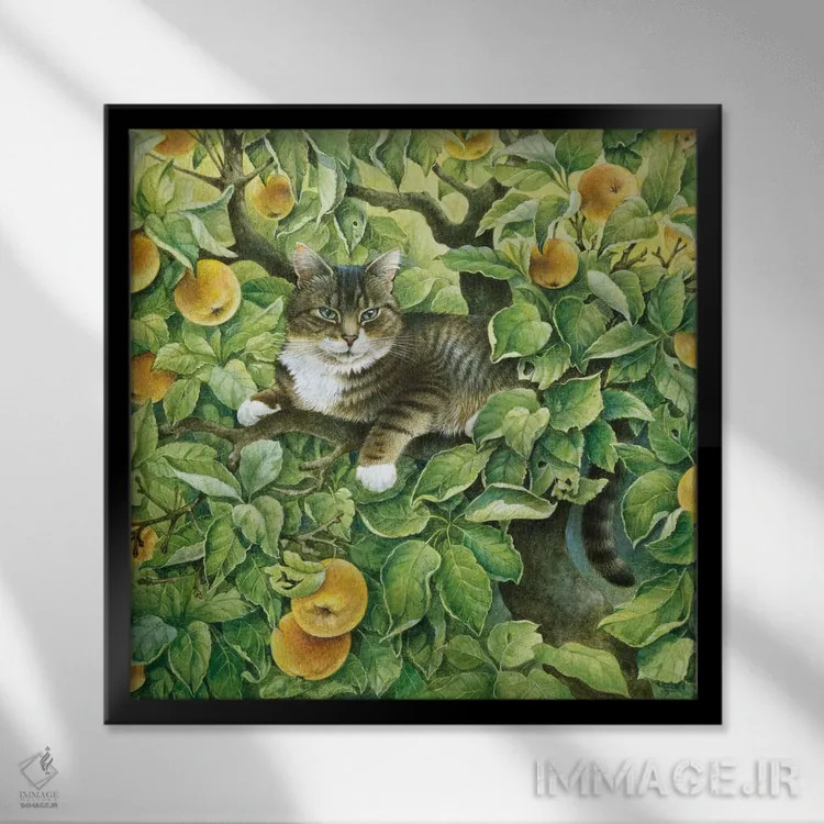 تابلو جما روی درخت سیب اثر آیوری کتس (برند هنری نقاشی گربه) - نمای قابدار مشکی