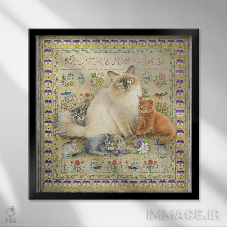 تابلو روز مادر با ادت و بچهگربههایش اثر آیوری کتس (برند هنری نقاشی گربه) - نمای قابدار مشکی