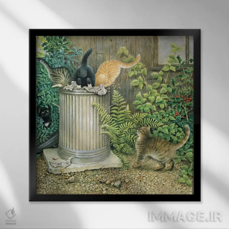 تابلو کار گروهی در سطل زبالهٔ همسایه اثر آیوری کتس (برند هنری نقاشی گربه) - نمای قابدار مشکی