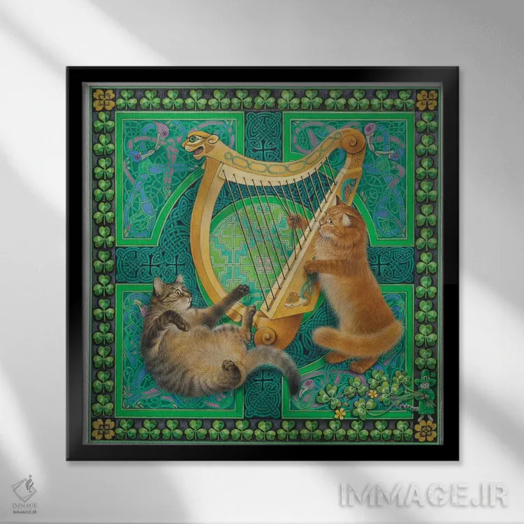 تابلو روز سنت پاتریک با دندلیون و کریستی اثر آیوری کتس (برند هنری نقاشی گربه) - نمای قابدار مشکی
