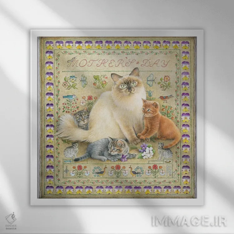 تابلو روز مادر با ادت و بچهگربههایش اثر آیوری کتس (برند هنری نقاشی گربه) - نمای قابدار سفید