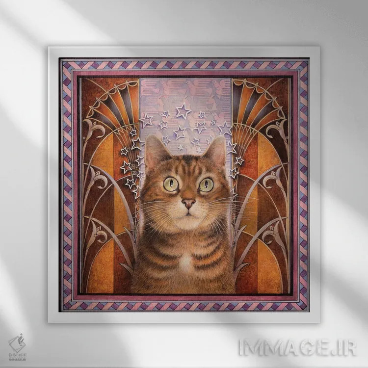 تابلو لونا در سبک آرت دکو اثر آیوری کتس (برند هنری نقاشی گربه) - نمای قابدار سفید