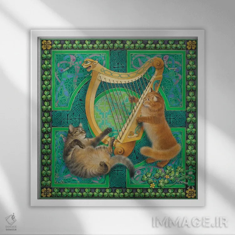 تابلو روز سنت پاتریک با دندلیون و کریستی اثر آیوری کتس (برند هنری نقاشی گربه) - نمای قابدار سفید