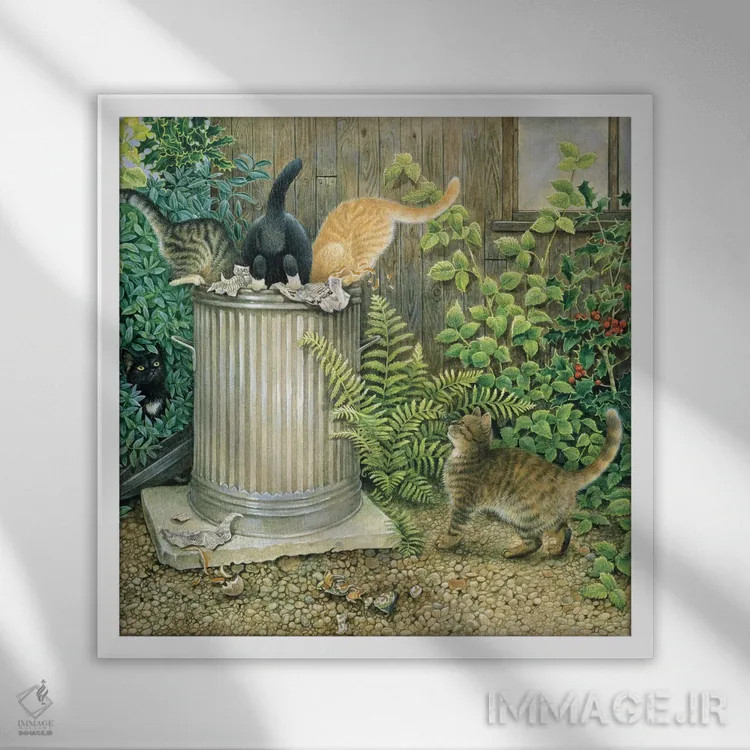 تابلو کار گروهی در سطل زبالهٔ همسایه اثر آیوری کتس (برند هنری نقاشی گربه) - نمای قابدار سفید