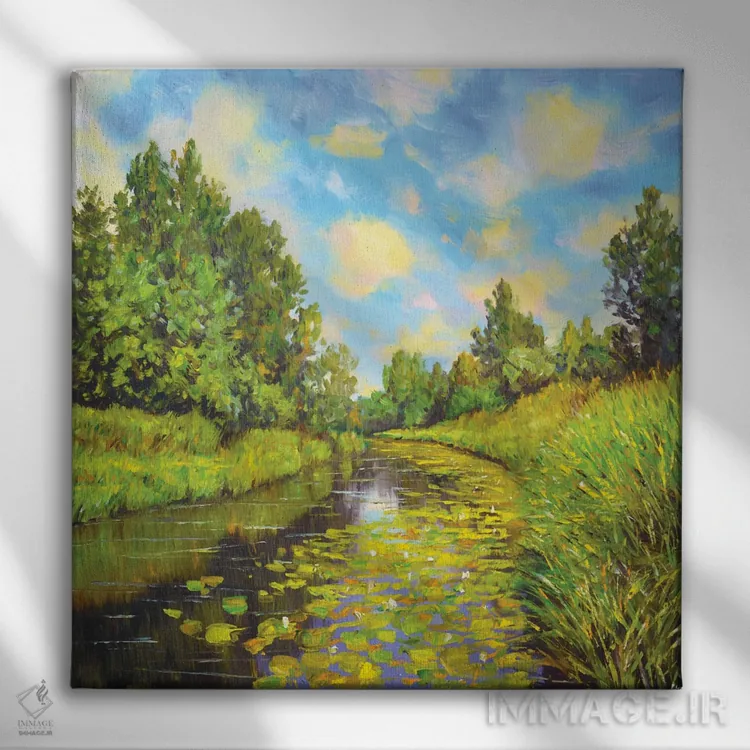 تابلو نیلوفرهای آبی تابستانی اثر ایرینا کاستسووا - نمای روبهرو روی دیوار