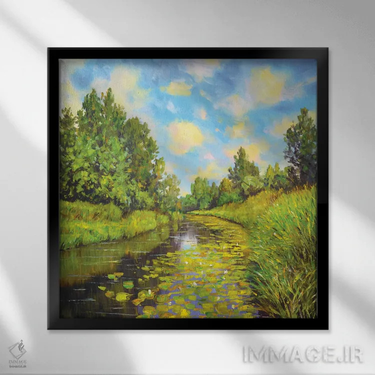 تابلو نیلوفرهای آبی تابستانی اثر ایرینا کاستسووا - نمای قابدار مشکی