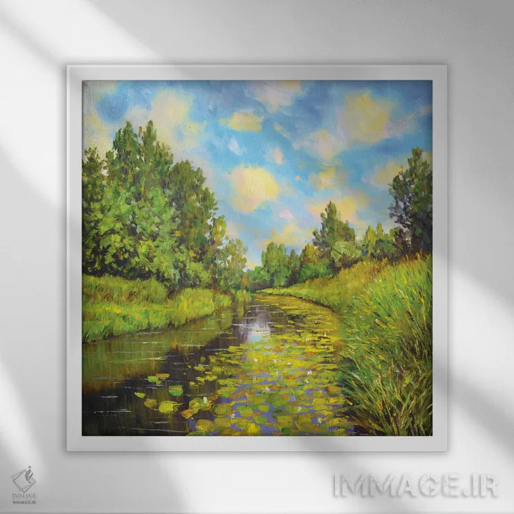 تابلو نیلوفرهای آبی تابستانی اثر ایرینا کاستسووا - نمای قابدار سفید