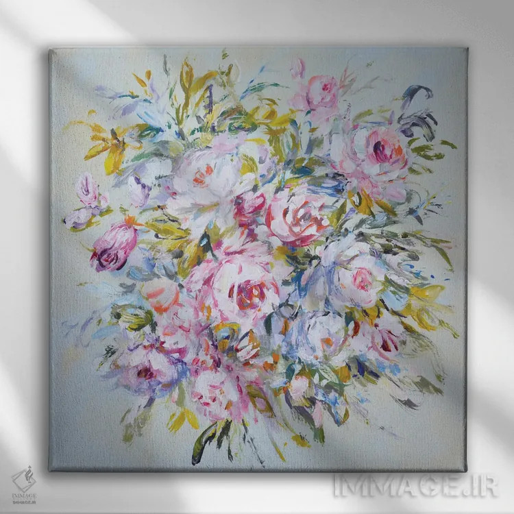 تابلو دستهگل لطیف رزها اثر ایرینا کاستسووا - نمای روبهرو روی دیوار
