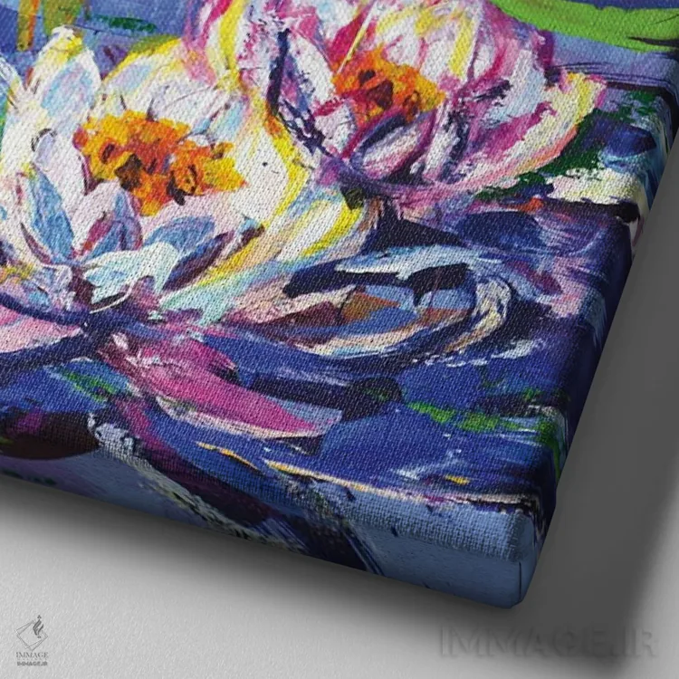 تابلو نیلوفرهای آبی اثر ایرینا کاستسووا - نمای نزدیک بافت بوم