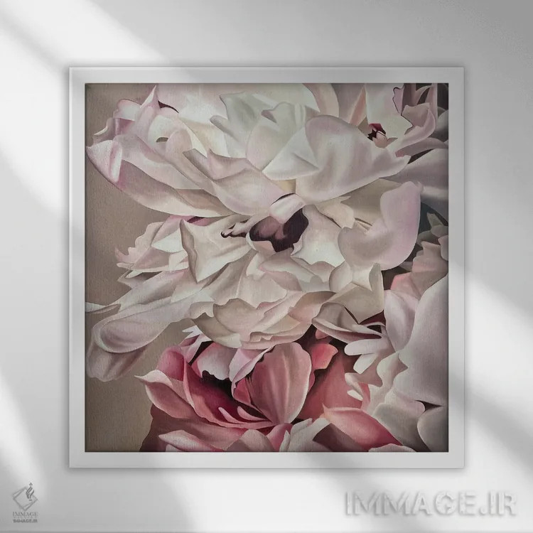 تابلو گل صدتومانی قهوهای اثر ایلدزه اوس - نمای قابدار سفید