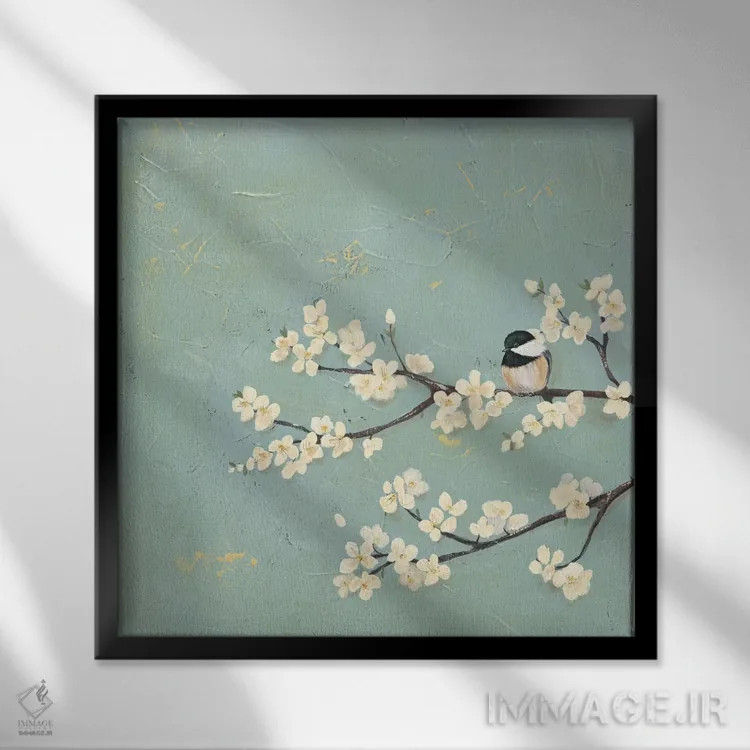 تابلو چیکادی و درخت سرخدار I (نوعی پرنده و نوعی درختچه) اثر جید رینولدز - نمای قابدار مشکی