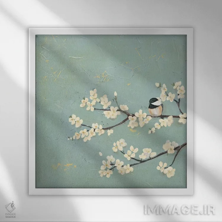 تابلو چیکادی و درخت سرخدار I (نوعی پرنده و نوعی درختچه) اثر جید رینولدز - نمای قابدار سفید