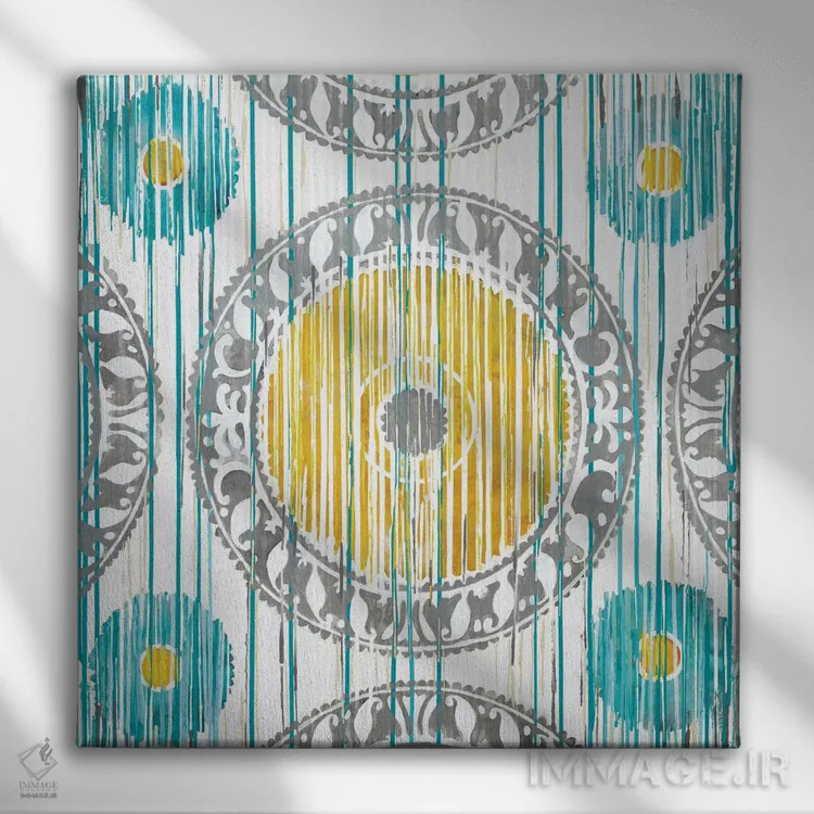 تابلو ایکات بهاری (طرح پارچهای اندونزیایی) اثر لیز جارباور - نمای روبهرو روی دیوار