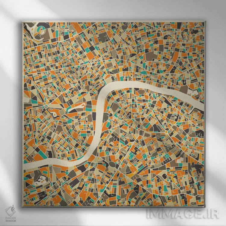 تابلو نقشه انتزاعی شهر لندن اثر جازبری بلو (هنرمند مدرن/برند هنری) - نمای روبهرو روی دیوار