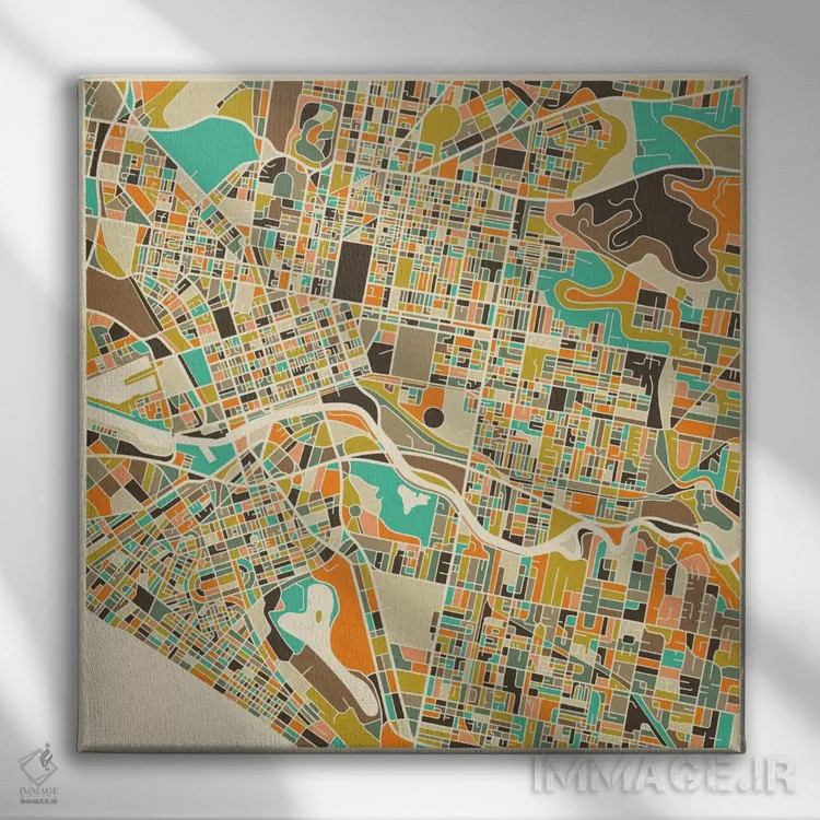 تابلو نقشه انتزاعی شهر ملبورن اثر جازبری بلو (هنرمند مدرن/برند هنری) - نمای روبهرو روی دیوار