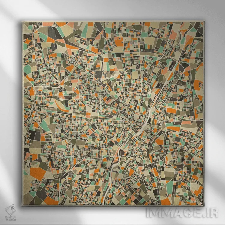تابلو نقشه انتزاعی شهر مونیخ اثر جازبری بلو (هنرمند مدرن/برند هنری) - نمای روبهرو روی دیوار