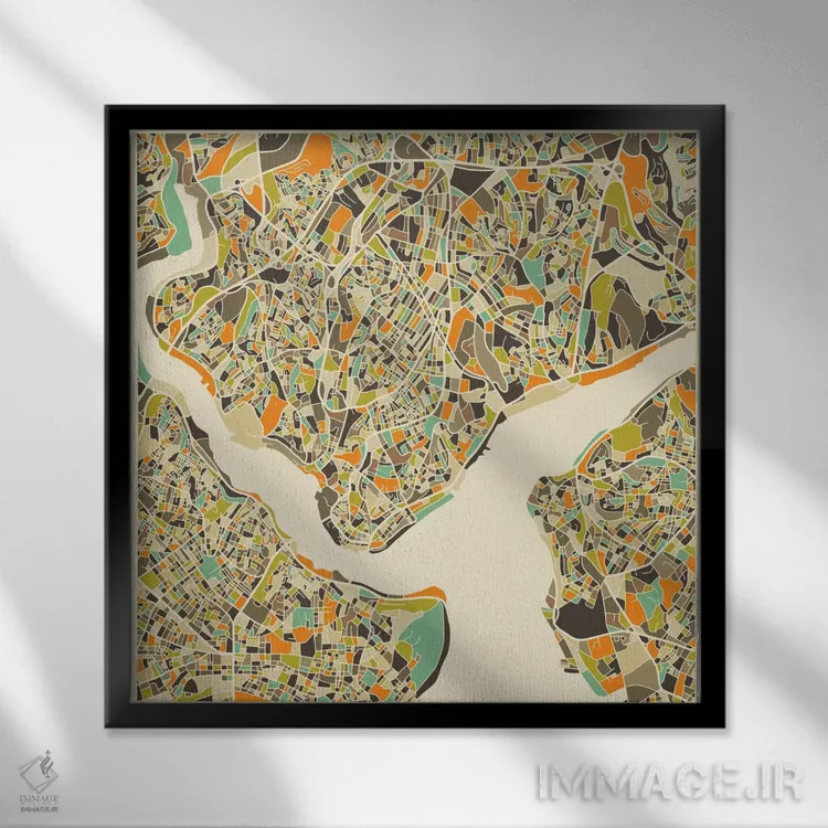 تابلو نقشه انتزاعی شهر استانبول اثر جازبری بلو (هنرمند مدرن/برند هنری) - نمای قابدار مشکی
