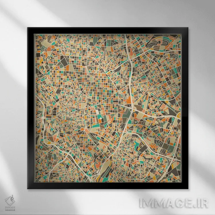 تابلو نقشه انتزاعی شهر مادرید اثر جازبری بلو (هنرمند مدرن/برند هنری) - نمای قابدار مشکی