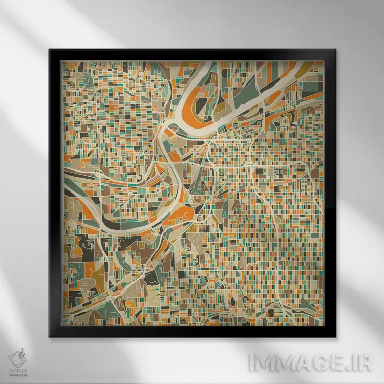 تابلو نقشه انتزاعی شهر کانزاس سیتی اثر جازبری بلو (هنرمند مدرن/برند هنری) - نمای قابدار مشکی
