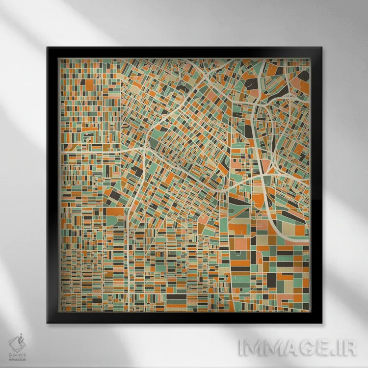 تابلو نقشه انتزاعی شهر لس آنجلس اثر جازبری بلو (هنرمند مدرن/برند هنری) - نمای قابدار مشکی