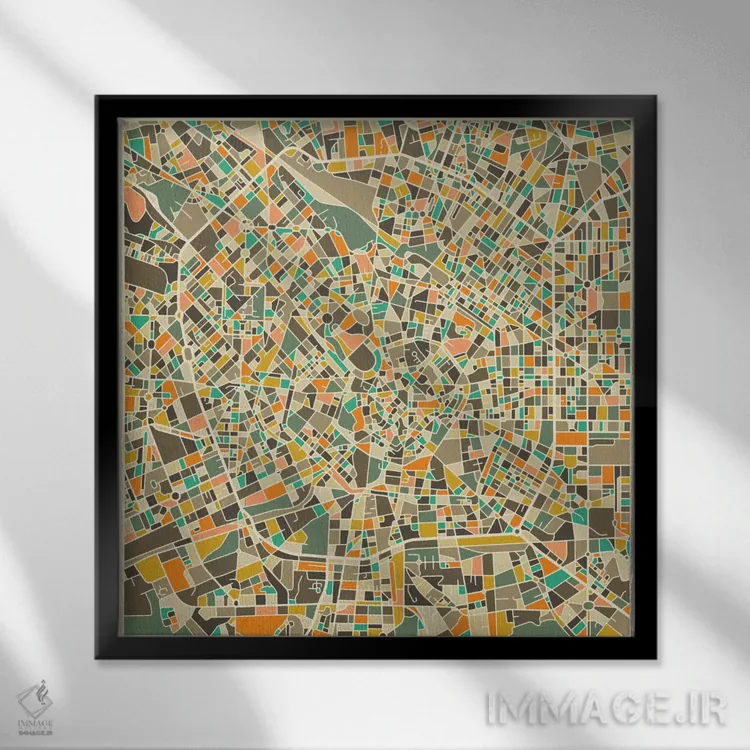 تابلو نقشه انتزاعی شهر میلان اثر جازبری بلو (هنرمند مدرن/برند هنری) - نمای قابدار مشکی