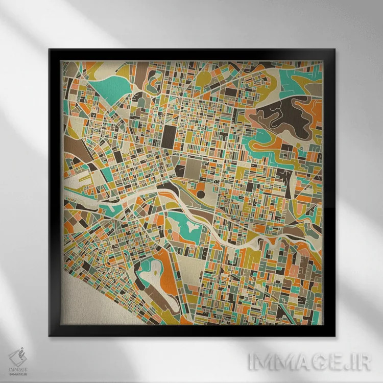 تابلو نقشه انتزاعی شهر ملبورن اثر جازبری بلو (هنرمند مدرن/برند هنری) - نمای قابدار مشکی