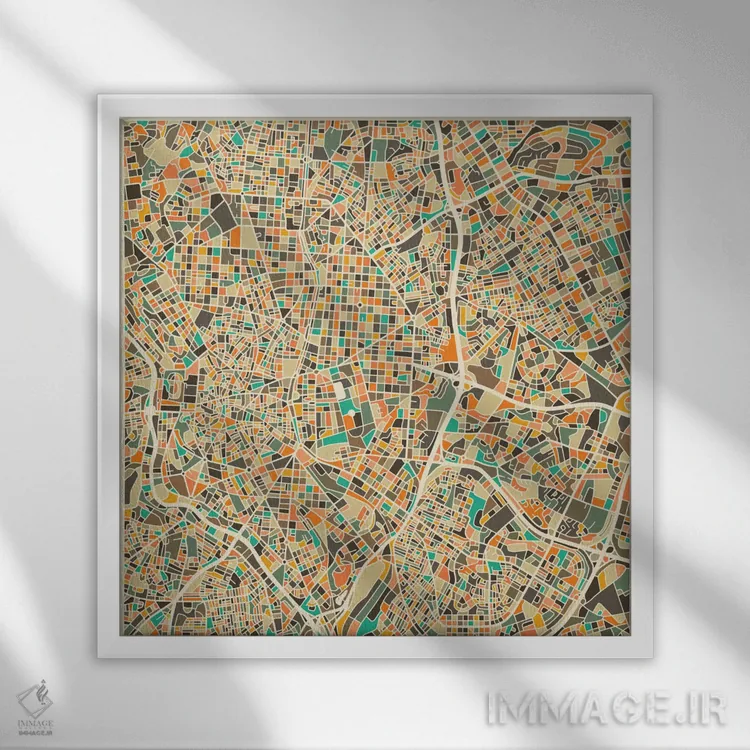 تابلو نقشه انتزاعی شهر مادرید اثر جازبری بلو (هنرمند مدرن/برند هنری) - نمای قابدار سفید
