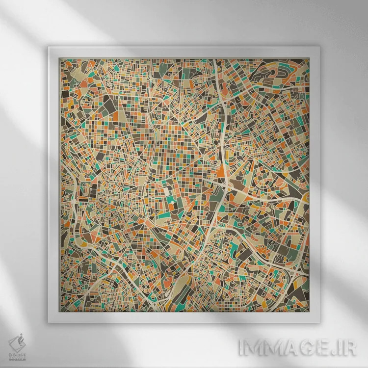 تابلو نقشه انتزاعی شهر مادرید اثر جازبری بلو (هنرمند مدرن/برند هنری) - نمای قابدار سفید