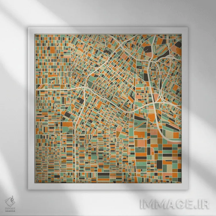 تابلو نقشه انتزاعی شهر لس آنجلس اثر جازبری بلو (هنرمند مدرن/برند هنری) - نمای قابدار سفید