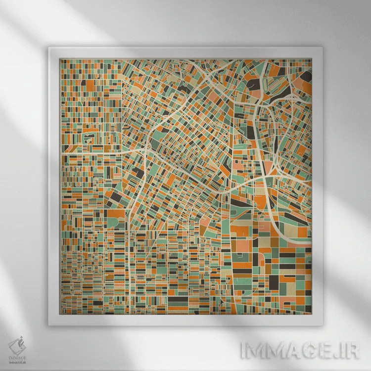 تابلو نقشه انتزاعی شهر لس آنجلس اثر جازبری بلو (هنرمند مدرن/برند هنری) - نمای قابدار سفید