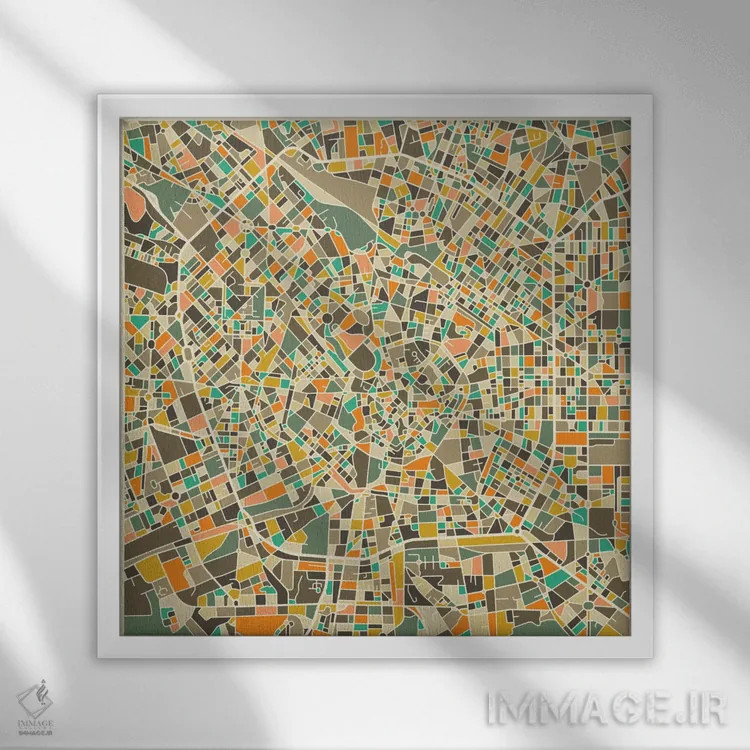 تابلو نقشه انتزاعی شهر میلان اثر جازبری بلو (هنرمند مدرن/برند هنری) - نمای قابدار سفید