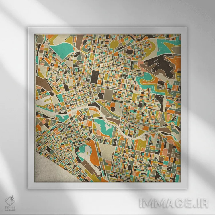 تابلو نقشه انتزاعی شهر ملبورن اثر جازبری بلو (هنرمند مدرن/برند هنری) - نمای قابدار سفید