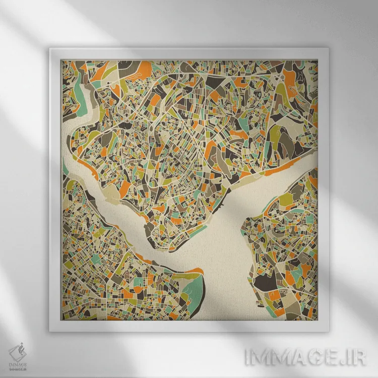 تابلو نقشه انتزاعی شهر استانبول اثر جازبری بلو (هنرمند مدرن/برند هنری) - نمای قابدار سفید