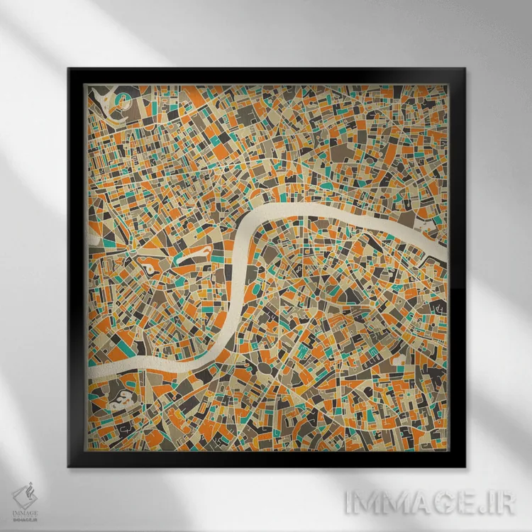 تابلو نقشه انتزاعی شهر لندن اثر جازبری بلو (هنرمند مدرن/برند هنری) - نمای قابدار مشکی